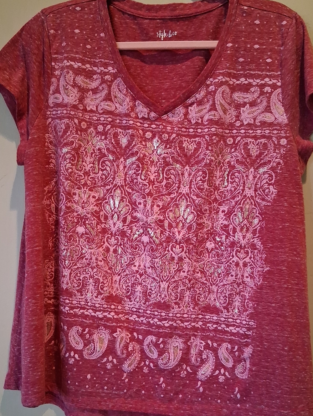 Style & Co. Red Paisley V-Neck Short Sleeve Top